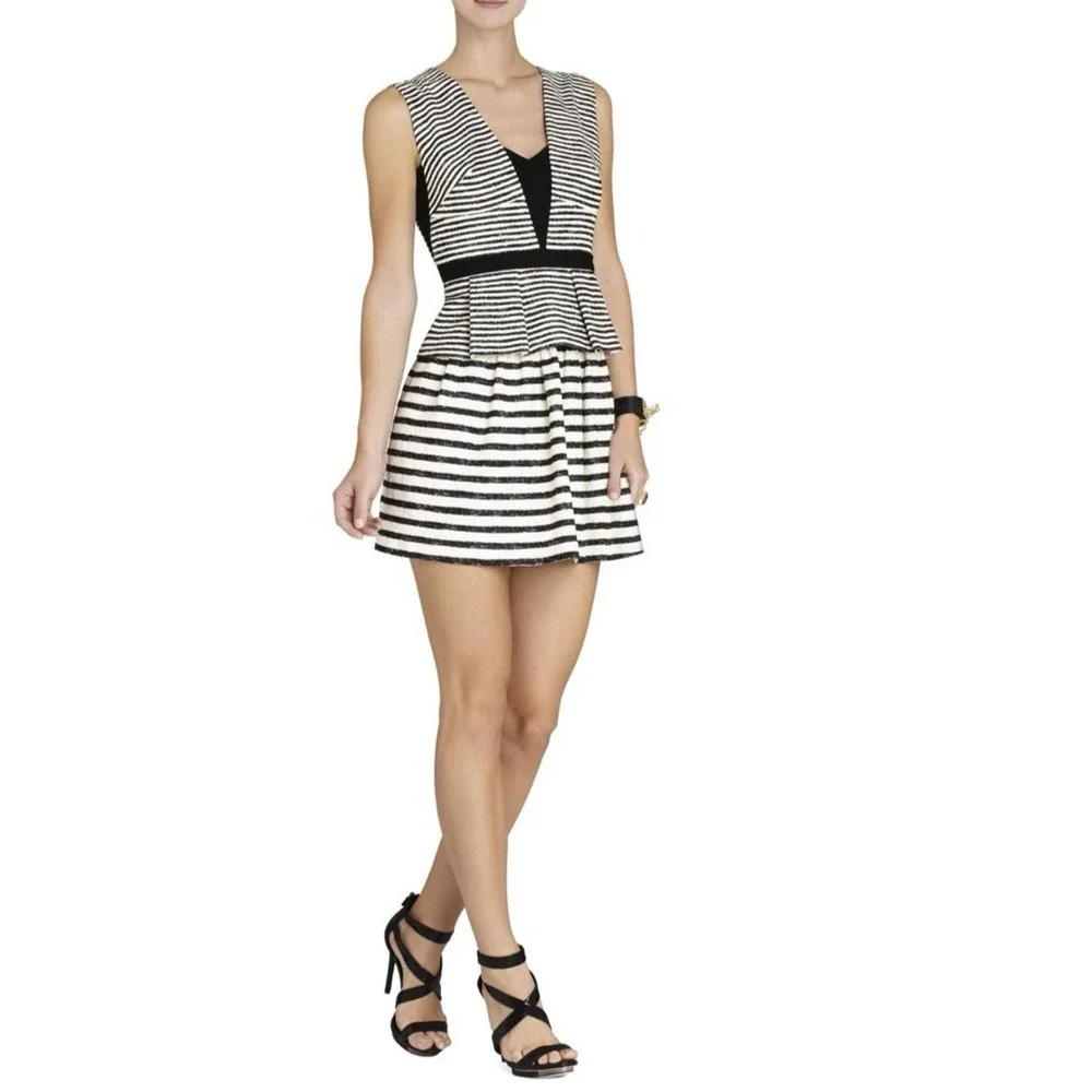 BCBGMAXAZRIA Piper V-Neck Peplum Mini Dress Deep‎ Back  Sz 4 Festival Striped